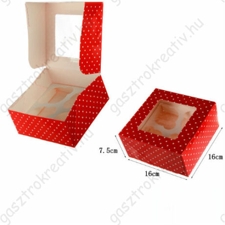 Piros pöttyös ablakos papír muffin doboz, ajándék doboz 2 db