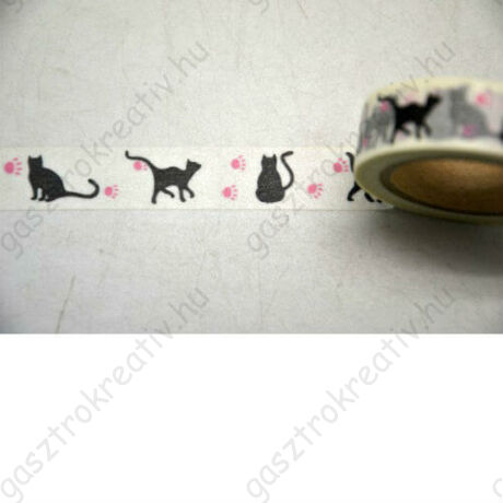 Fekete macskás öntapadós papír dekortapasz, washi tape 15 mm x 10 m