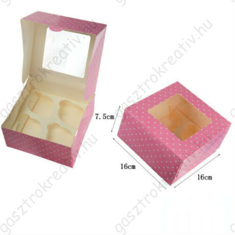 Rózsaszín pöttyös ablakos papír muffin doboz, ajándék doboz 2 db