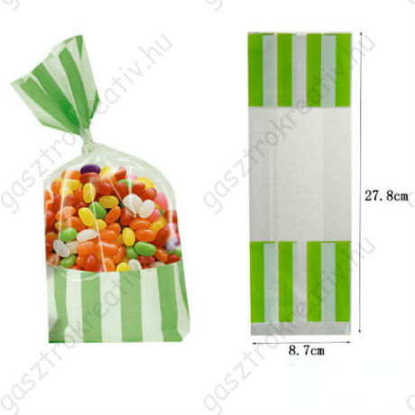Zöld fehér csíkos cukorkás zacskó, ajándéktasak 2 db